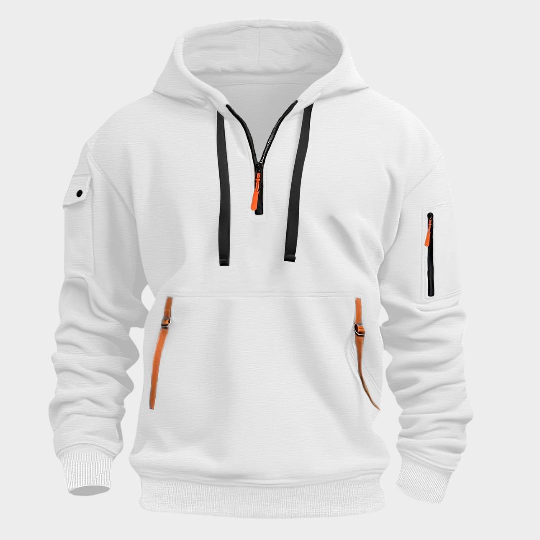 Stylish men's half-zip pullover hoodie with an adjustable collar & utility pockets. Perfect for a modern casual look.