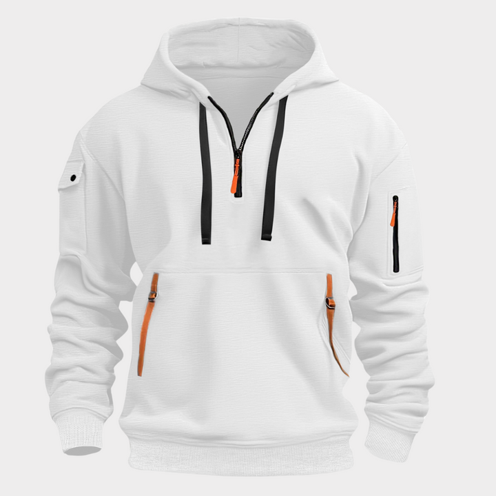 Stylish men's half-zip pullover hoodie with an adjustable collar & utility pockets. Perfect for a modern casual look.
