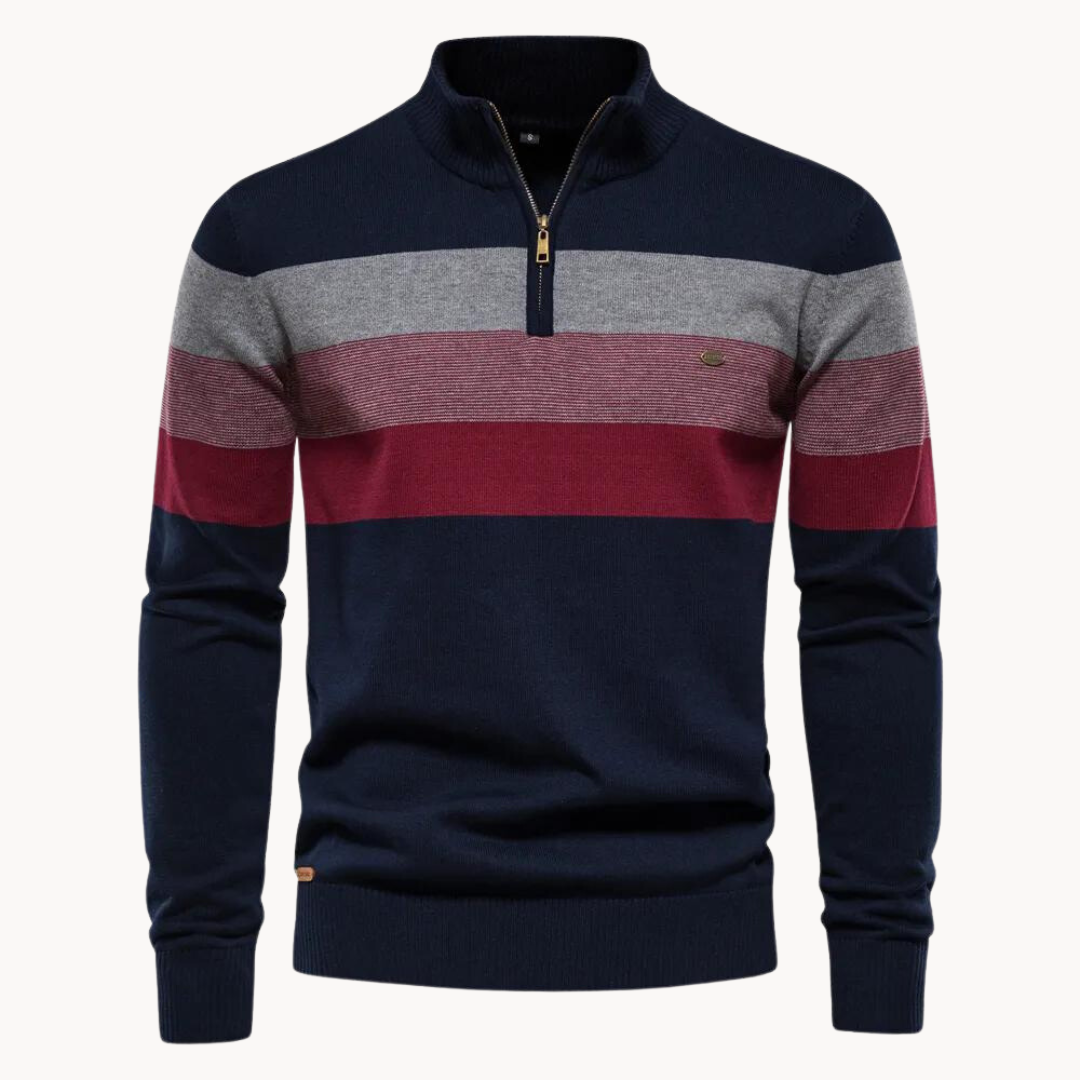 Men's half-zip striped knit pullover sweater, perfect for stylish winter fashion and casual wear.