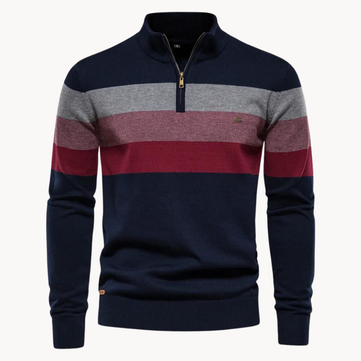 Men's half-zip striped knit pullover sweater, perfect for stylish winter fashion and casual wear.