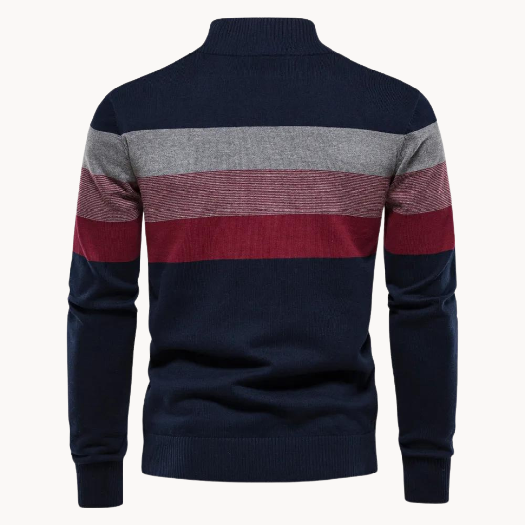 Stylish men's half-zip knit sweater with stripes, ideal for casual fall and winter outfits.
