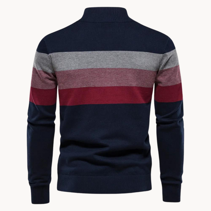 Stylish men's half-zip knit sweater with stripes, ideal for casual fall and winter outfits.