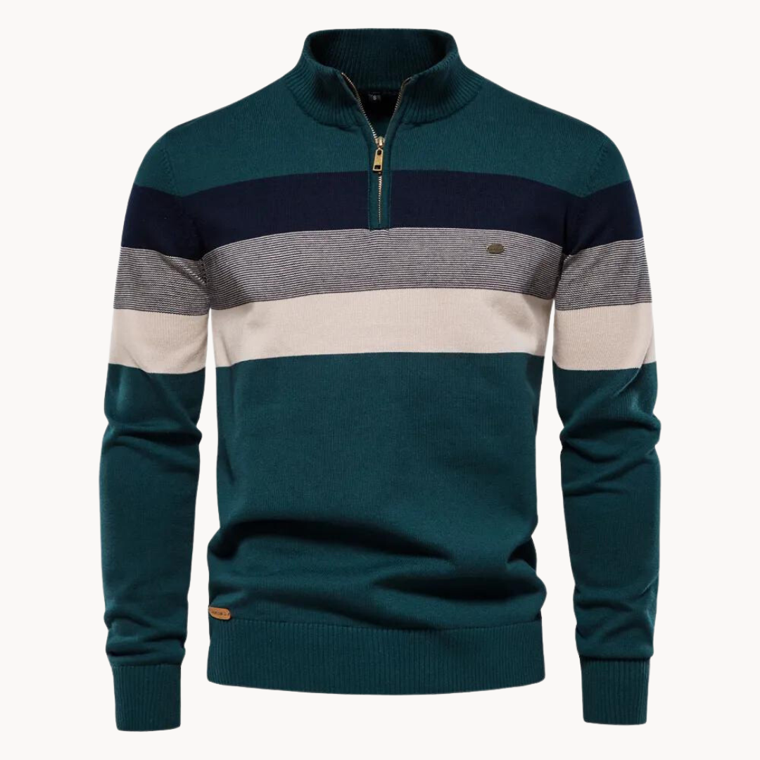 Comfortable men's long-sleeve half-zip striped knit pullover, an essential for winter fashion.