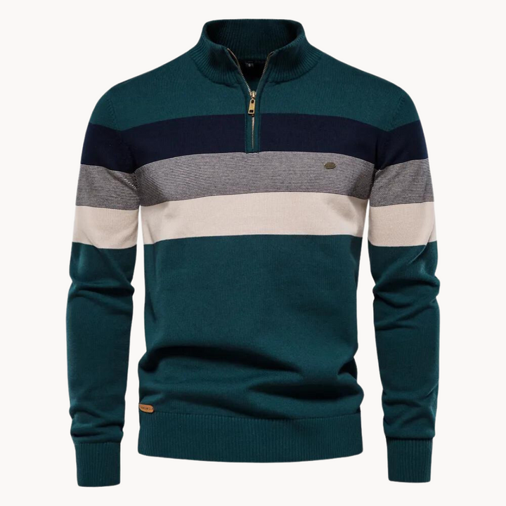 Comfortable men's long-sleeve half-zip striped knit pullover, an essential for winter fashion.
