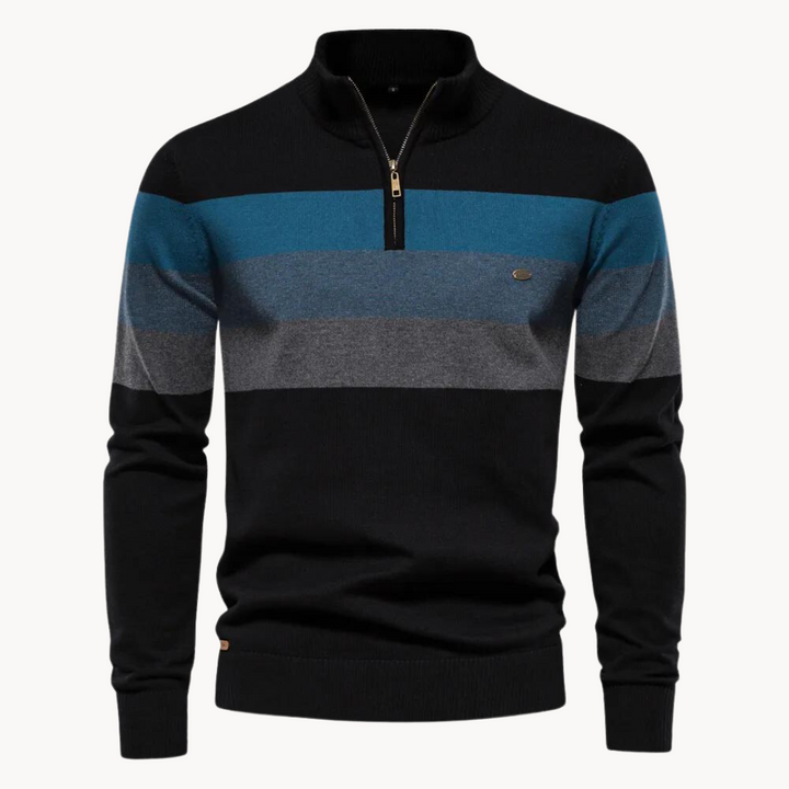 Classic men's striped half-zip sweater, a versatile knit pullover for fall and winter style.