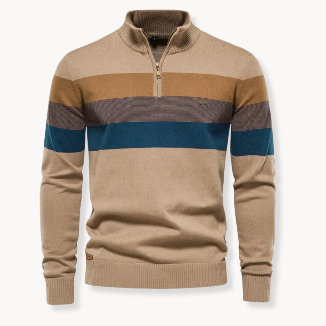 Men's stylish knitted half-zip sweater, featuring a modern striped pattern for winter fashion.