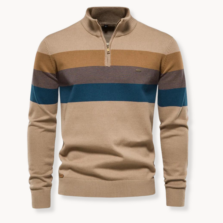 Men's stylish knitted half-zip sweater, featuring a modern striped pattern for winter fashion.