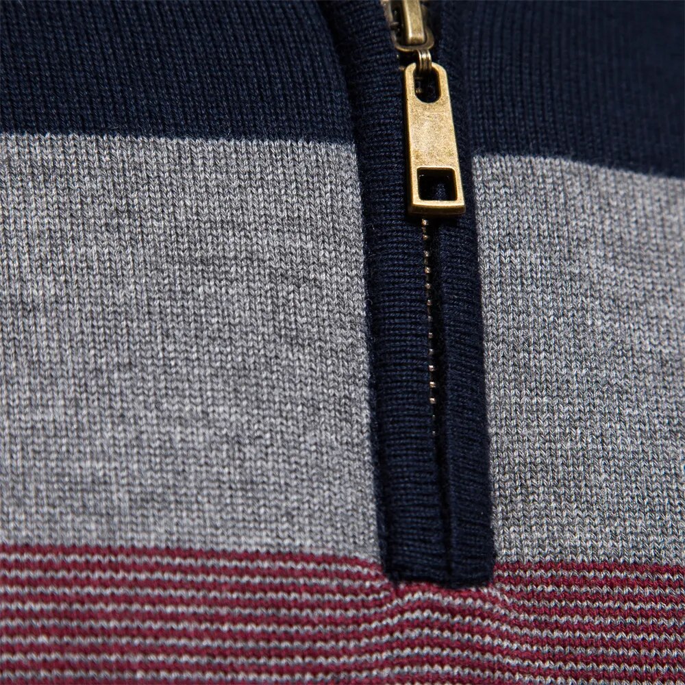 Shop men's half-zip striped knit pullover, a comfortable and stylish long-sleeve sweater for winter.