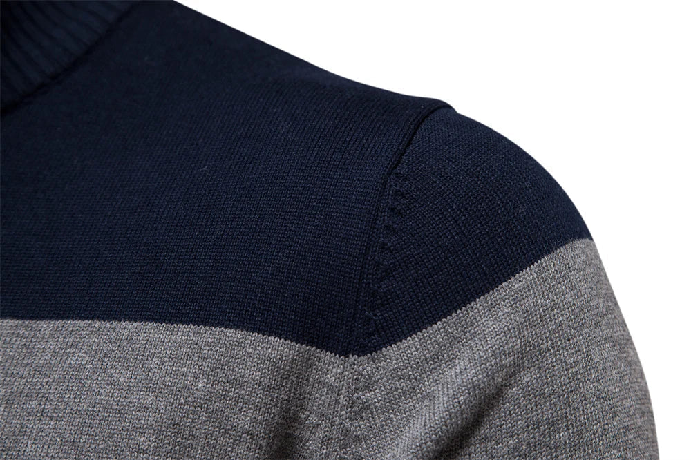 Men's half-zip striped sweater with long sleeves, a warm knitted pullover for fall and winter style.