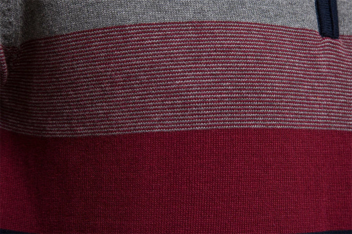 Modern men's casual half-zip striped knit sweater, a warm and stylish pullover for winter outfits.