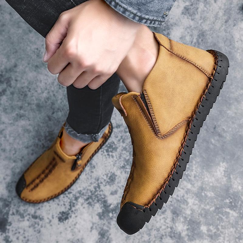 Men's casual non-slip brown leather ankle boots with hand-stitched craftsmanship