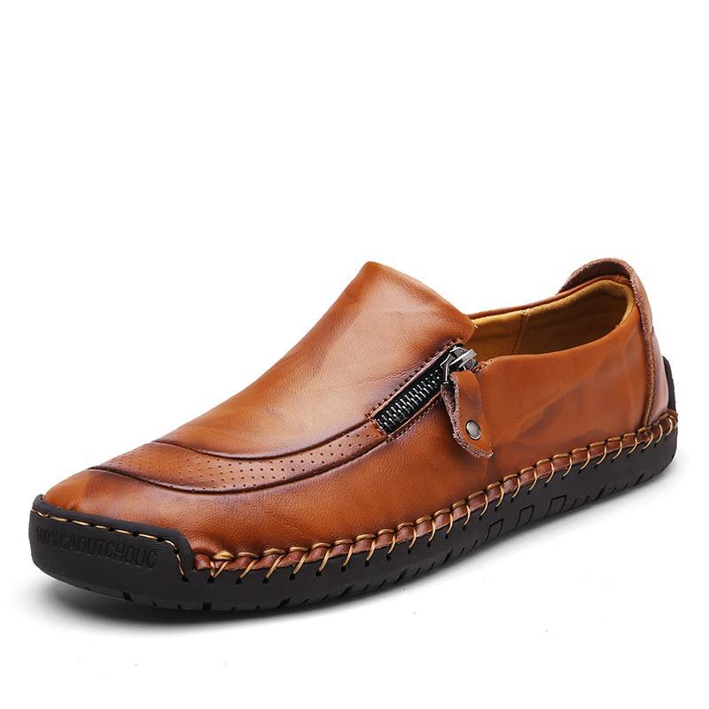 Men's hand-stitched leather loafer, slip-on with zipper, rich brown, casual style