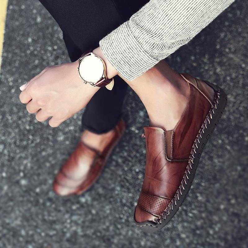 Men's comfortable all-season leather loafers, slip-on, hand-stitched craftsmanship, zipper