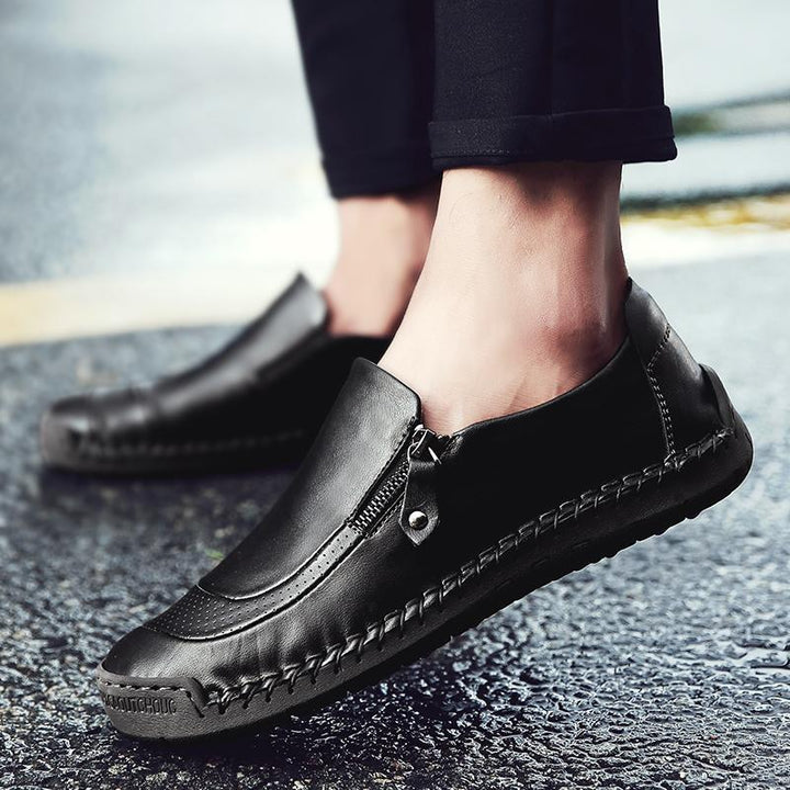 Formal yet casual men's leather loafers, hand-stitched, zipper closure, easy slip-on