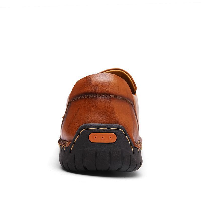Men's comfortable brown leather loafers, hand-stitched, zipper for easy slip-on fit
