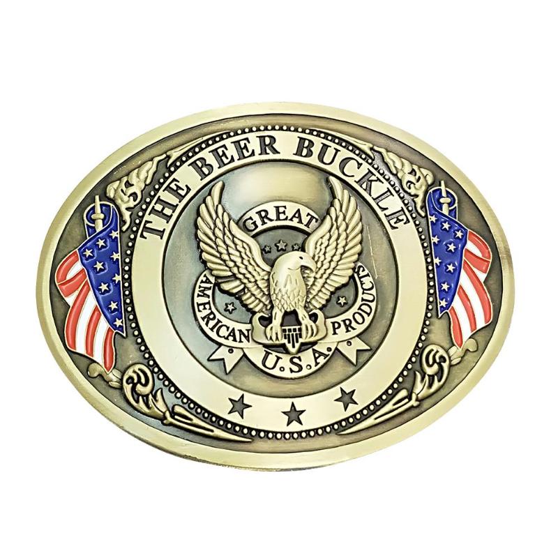 Men's hands-free belt buckle drink holder for beer on the go.