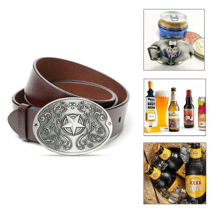Novelty gift for men: unique hands-free belt buckle drink holder.