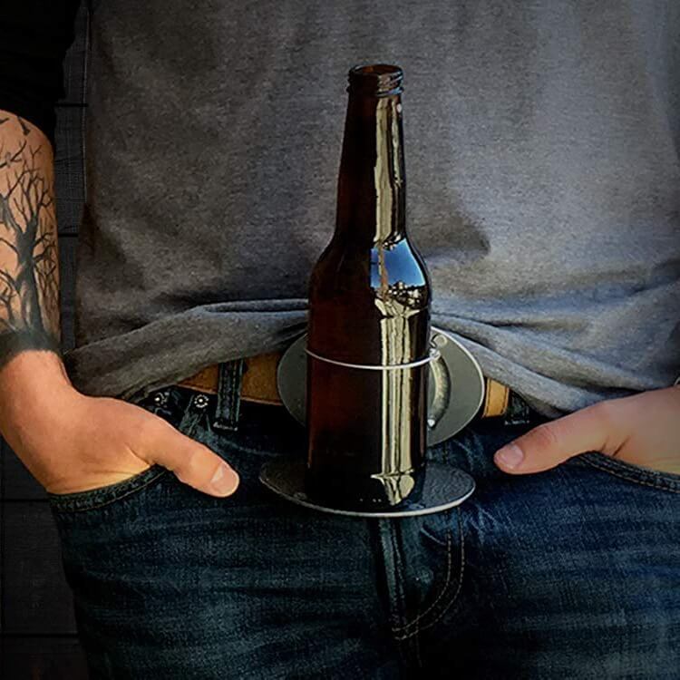 Unique belt buckle beverage holder, perfect for parties & tailgates.