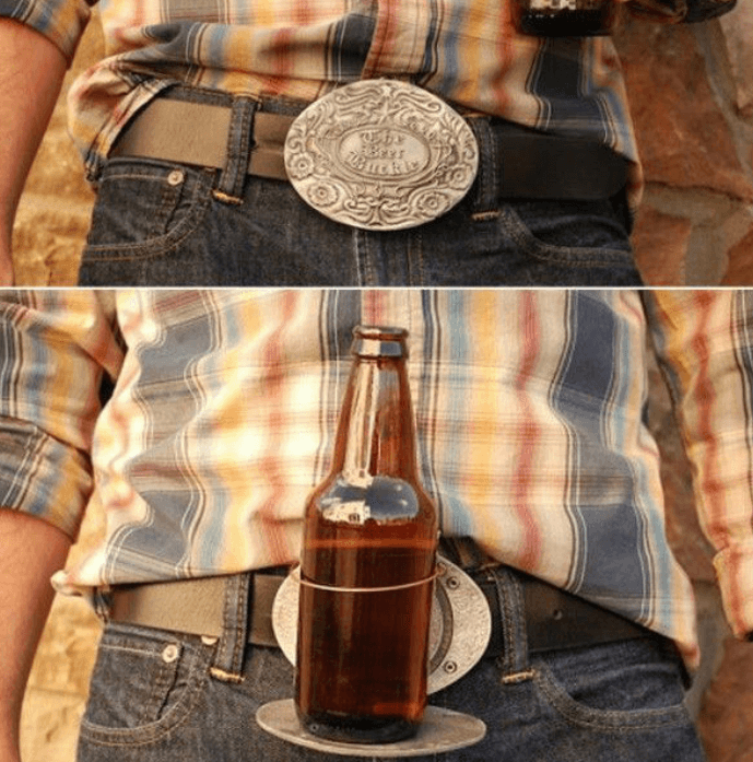 Tailgate essential: men's belt buckle that holds your drink hands-free.
