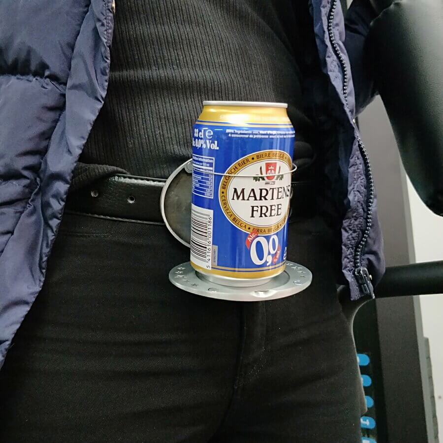 Unique men's accessory: hands-free beverage holder belt buckle.