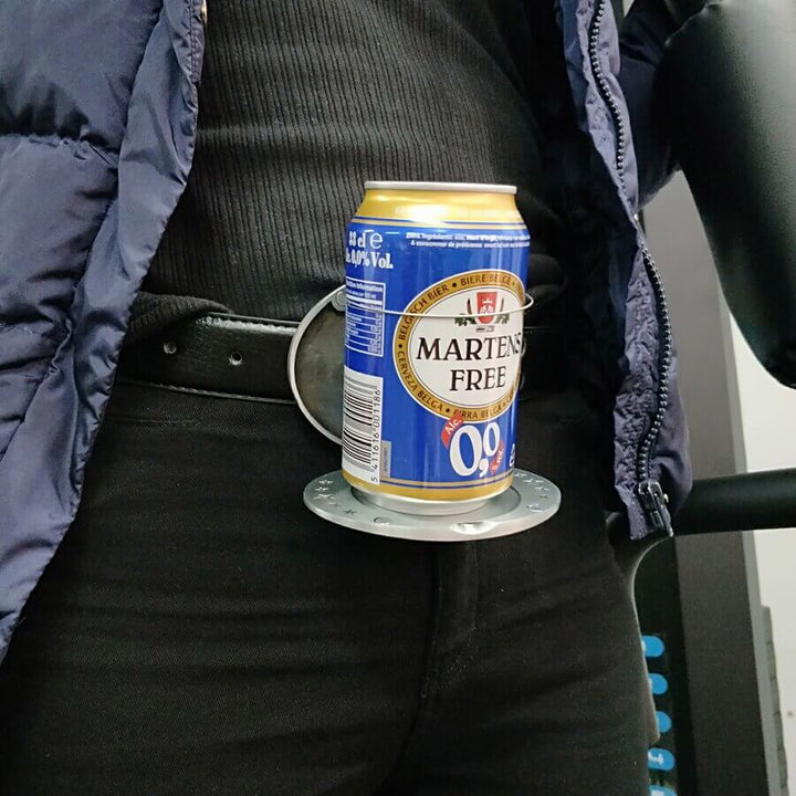 Unique men's accessory: hands-free beverage holder belt buckle.