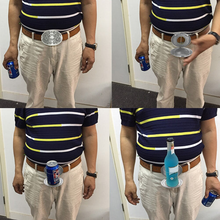 Fun drink accessory, men's hands-free belt buckle for parties.