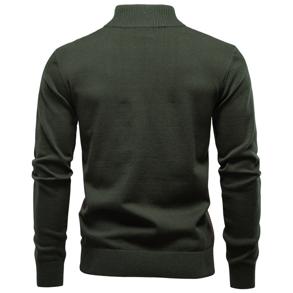 Side profile of men's half-zip sweater, showcasing comfortable fit and stretch, everyday top