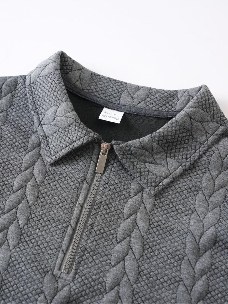 Back view of a men's grey half-zip long sleeve knit pullover sweater, perfect for men's casual wear.