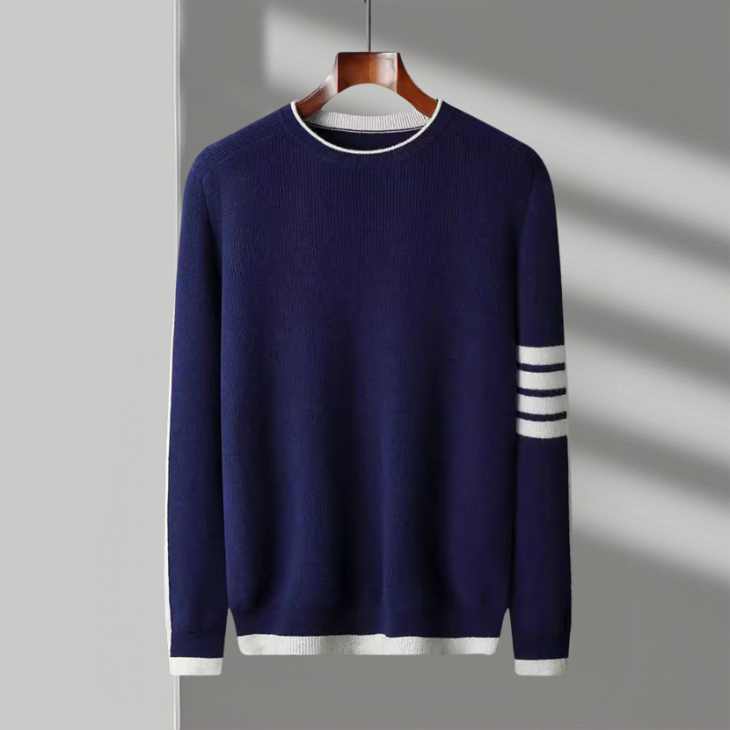 Men's heather grey knit crewneck sweater with contrast navy and white chest stripes, soft fabric, casual.