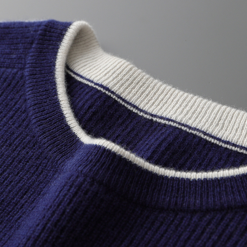 A men's crewneck striped sweater, showcasing its comfortable fit and fashionable knit fabric.