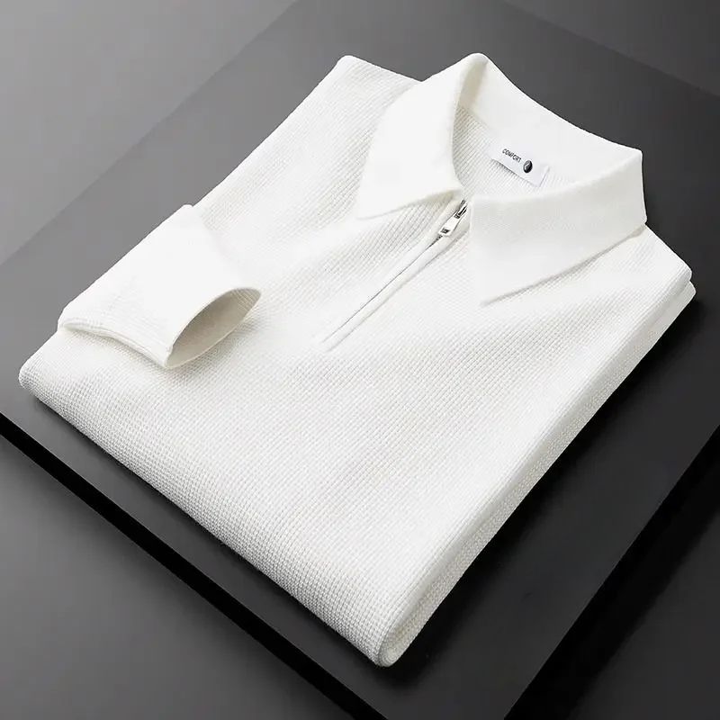 Man wearing a comfortable men's pullover zip polo sweater, ideal for everyday casual style