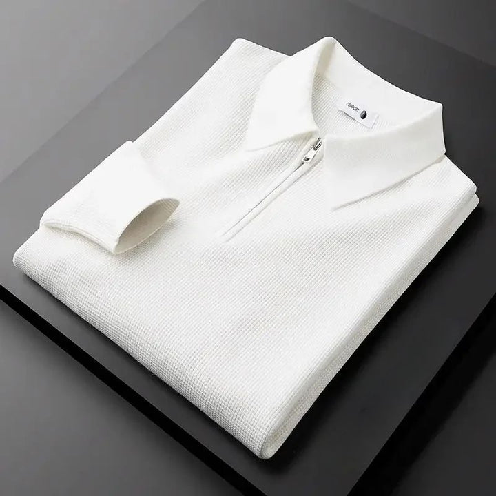 Man wearing a comfortable men's pullover zip polo sweater, ideal for everyday casual style