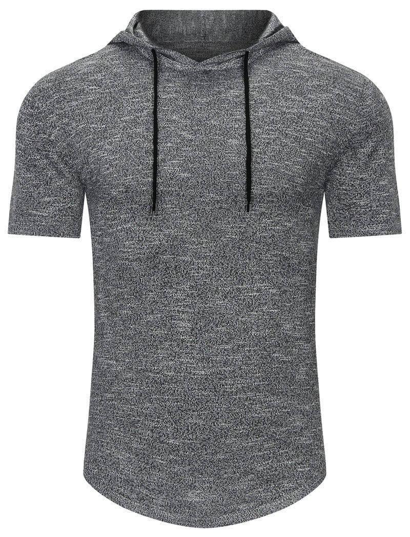 Men's heather grey short-sleeve hoodie, athletic fit, cotton blend for gym & casual wear