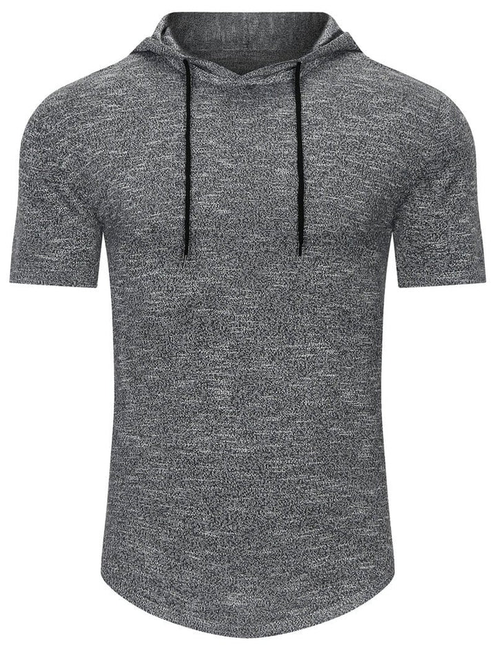 Men's heather grey short-sleeve hoodie, athletic fit, cotton blend for gym & casual wear