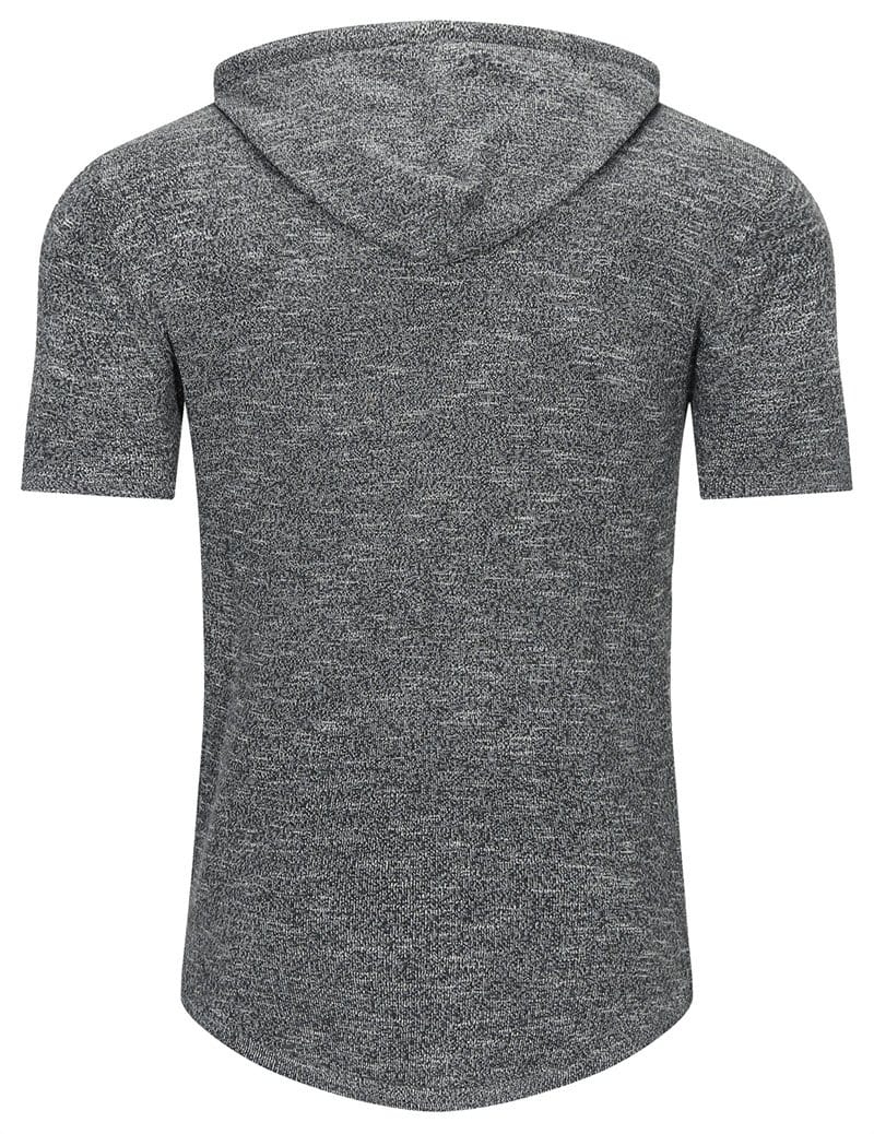 Detail of the hood and drawstrings on a men's short-sleeve athletic hoodie, quality construction