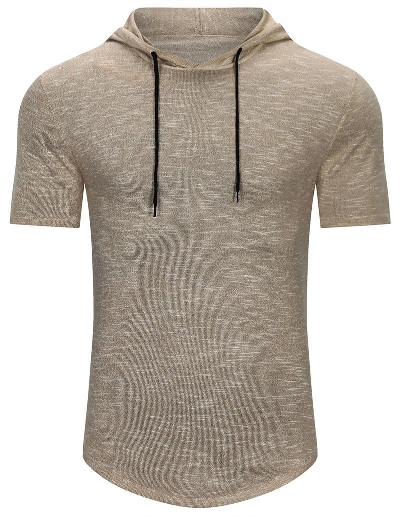 Model wearing a black men's performance short-sleeve hoodie, ideal for workouts or everyday style