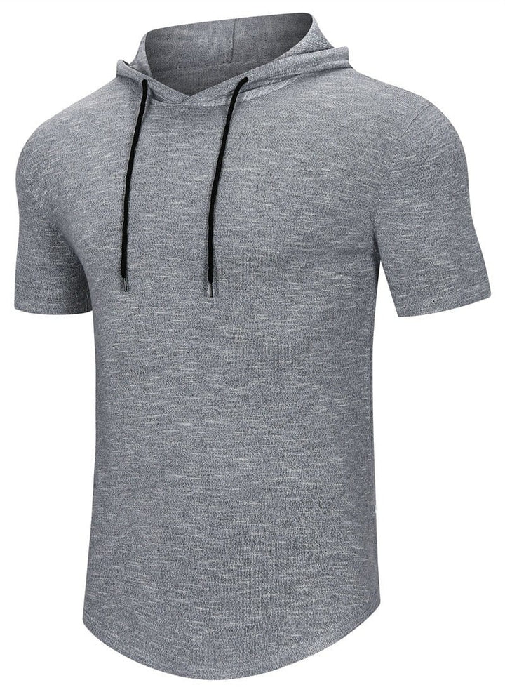 Folded green men's short-sleeve hoodie, ready for travel or a relaxed day, cotton blend comfort