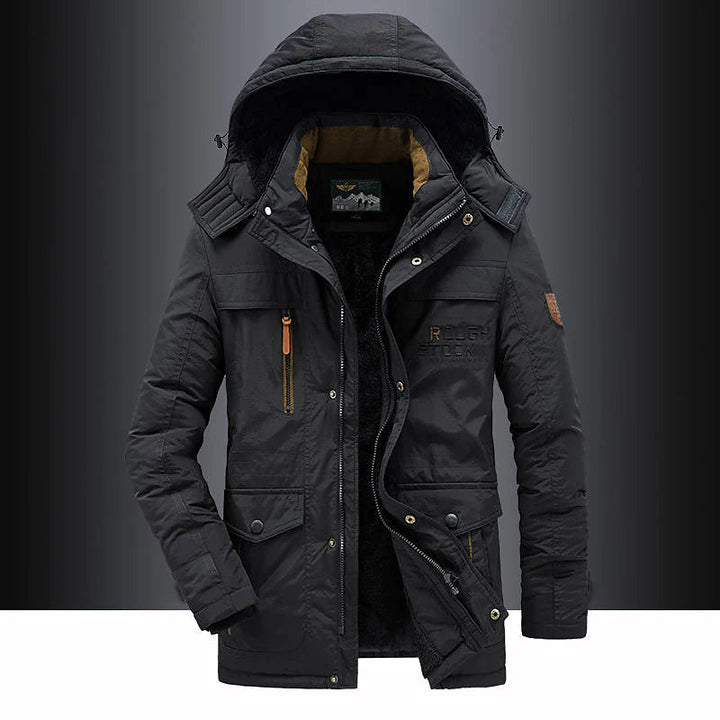 Men's heavy-duty winter parka with hood for extreme cold. Insulated & weather-resistant warm jacket.