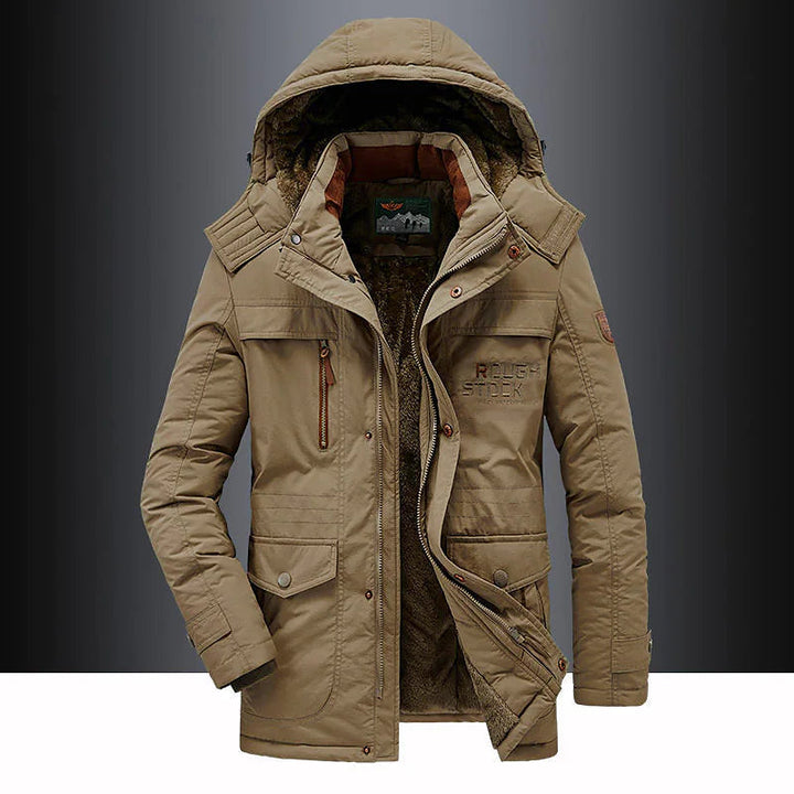 Hooded men's winter parka. Durable cold weather coat, insulated for extreme warmth & protection.