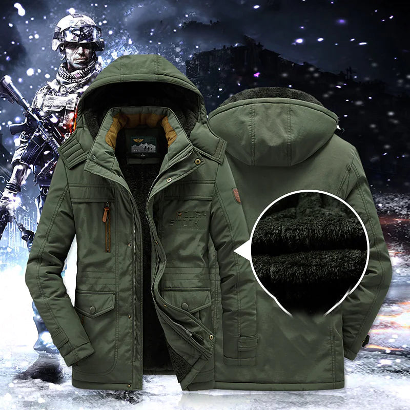 Men's warm winter parka. Insulated, heavy-duty jacket with hood provides extreme cold protection.