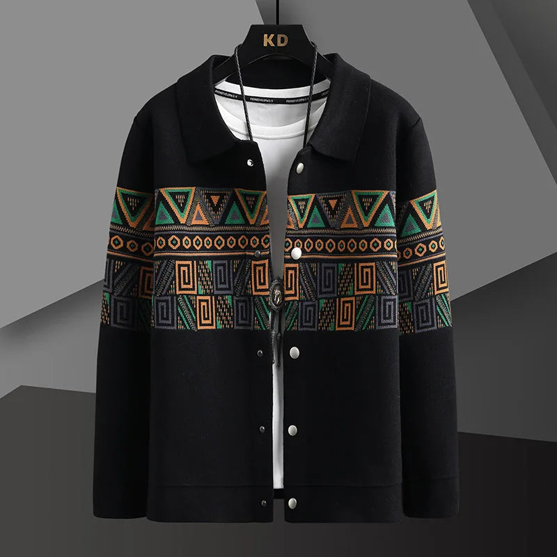 Geometric pattern men's cotton cardigan, perfect for a casual heritage style.