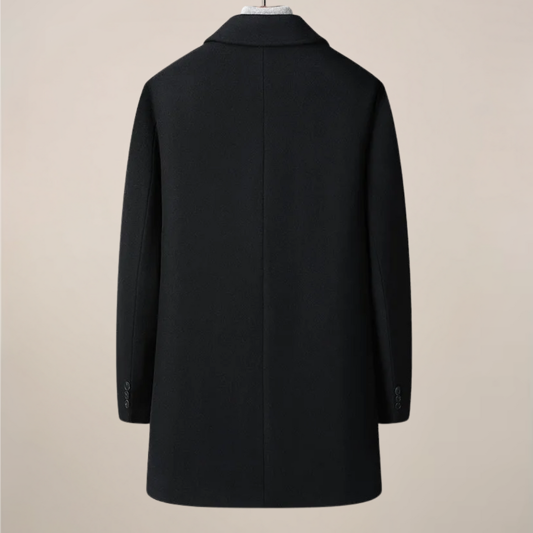 Durable men's herringbone fall jacket, a warm and stylish winter overcoat with a sharp collar.
