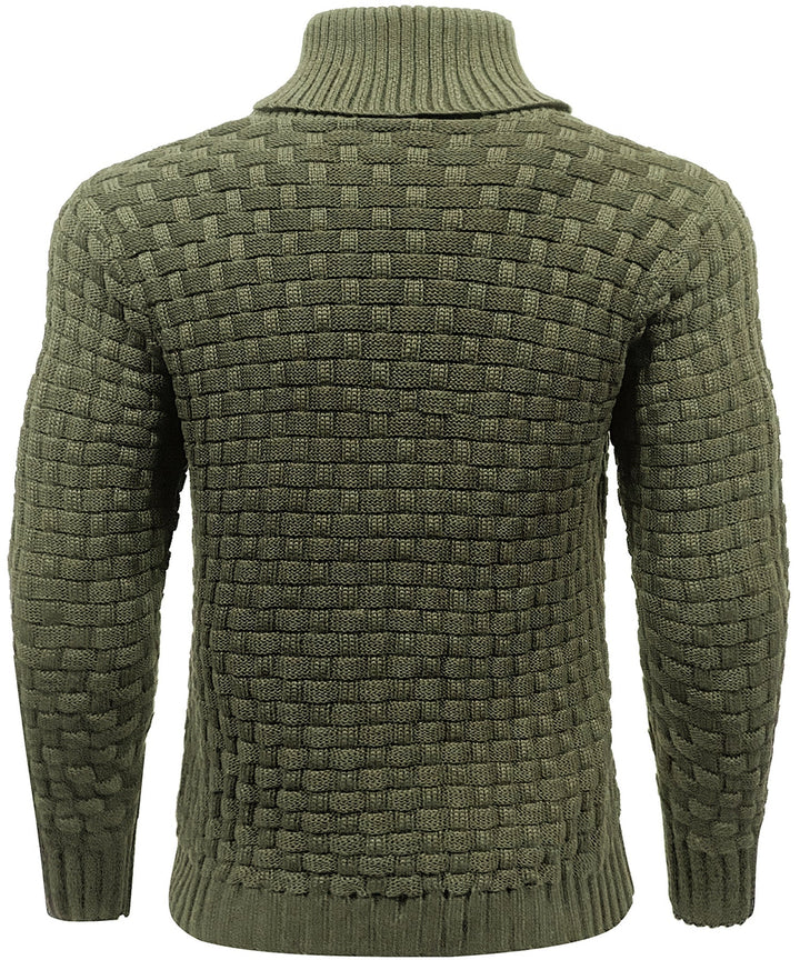 Close-up on the textured knit fabric of a men's high collar button sweater.