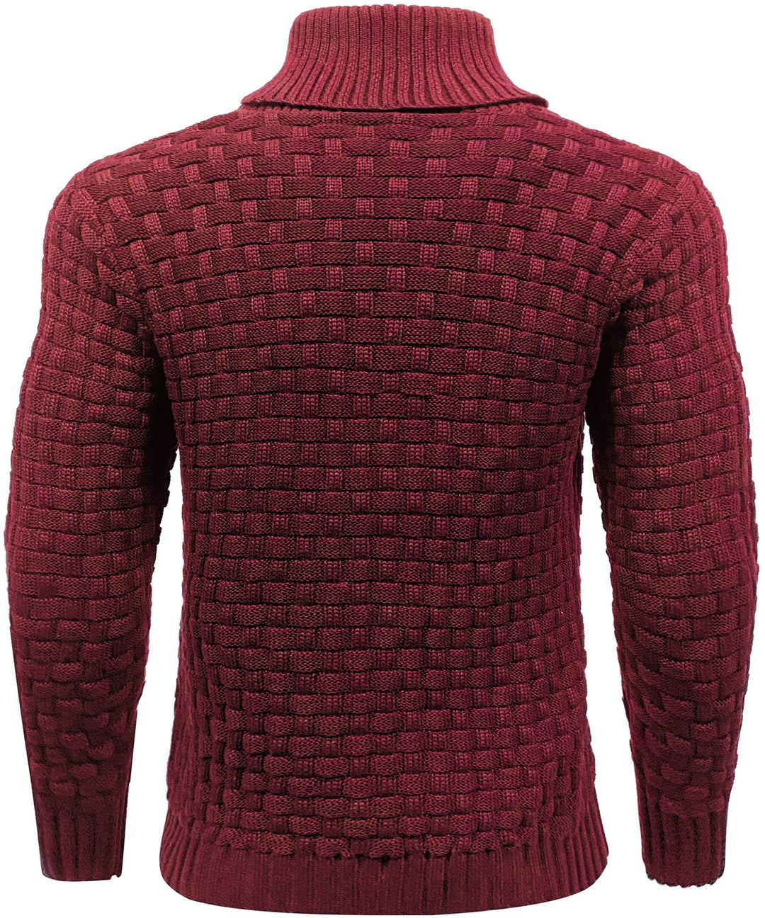 Men's high collar button-up sweater folded neatly, displaying its knit quality.