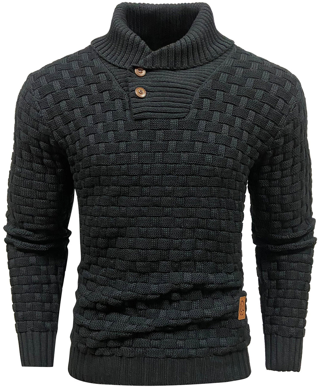 Back view of a men's knitwear sweater, emphasizing its structured high collar.