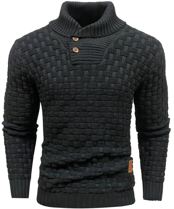 Back view of a men's knitwear sweater, emphasizing its structured high collar.