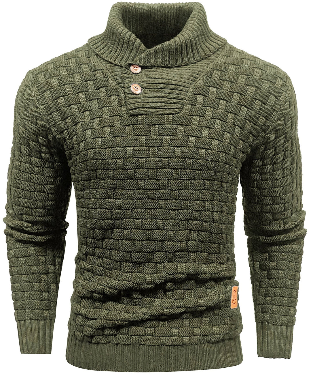 Detail of the high collar and buttons on a men's textured knit sweater.