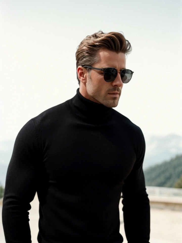 Stylish men's high-neck pullover for casual fall style. Comfortable knitwear, ideal for layering.