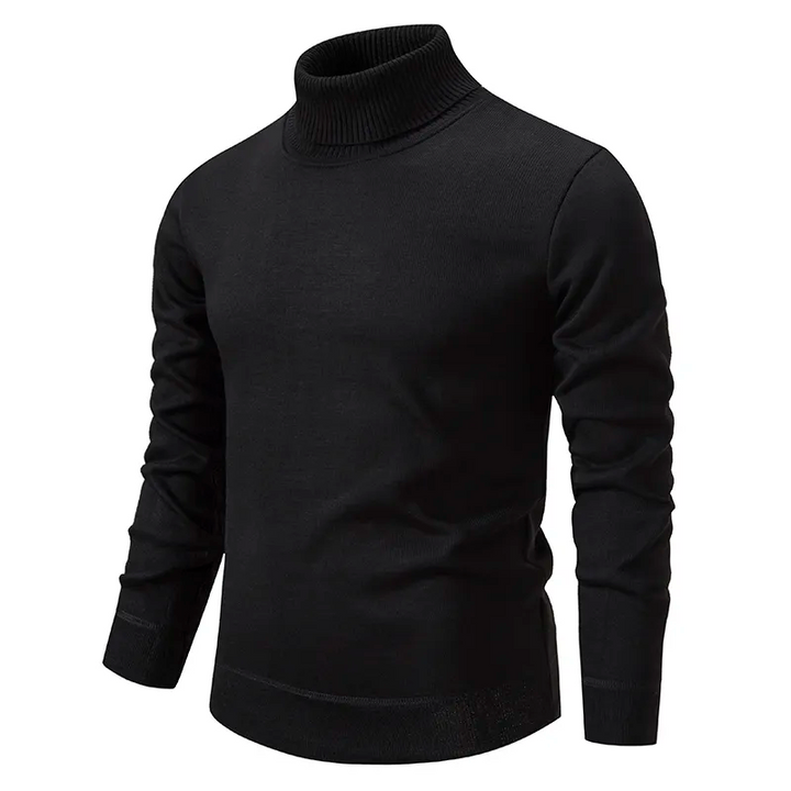 Refined men's high-neck pullover sweater, a versatile knitwear piece for sophisticated layering.