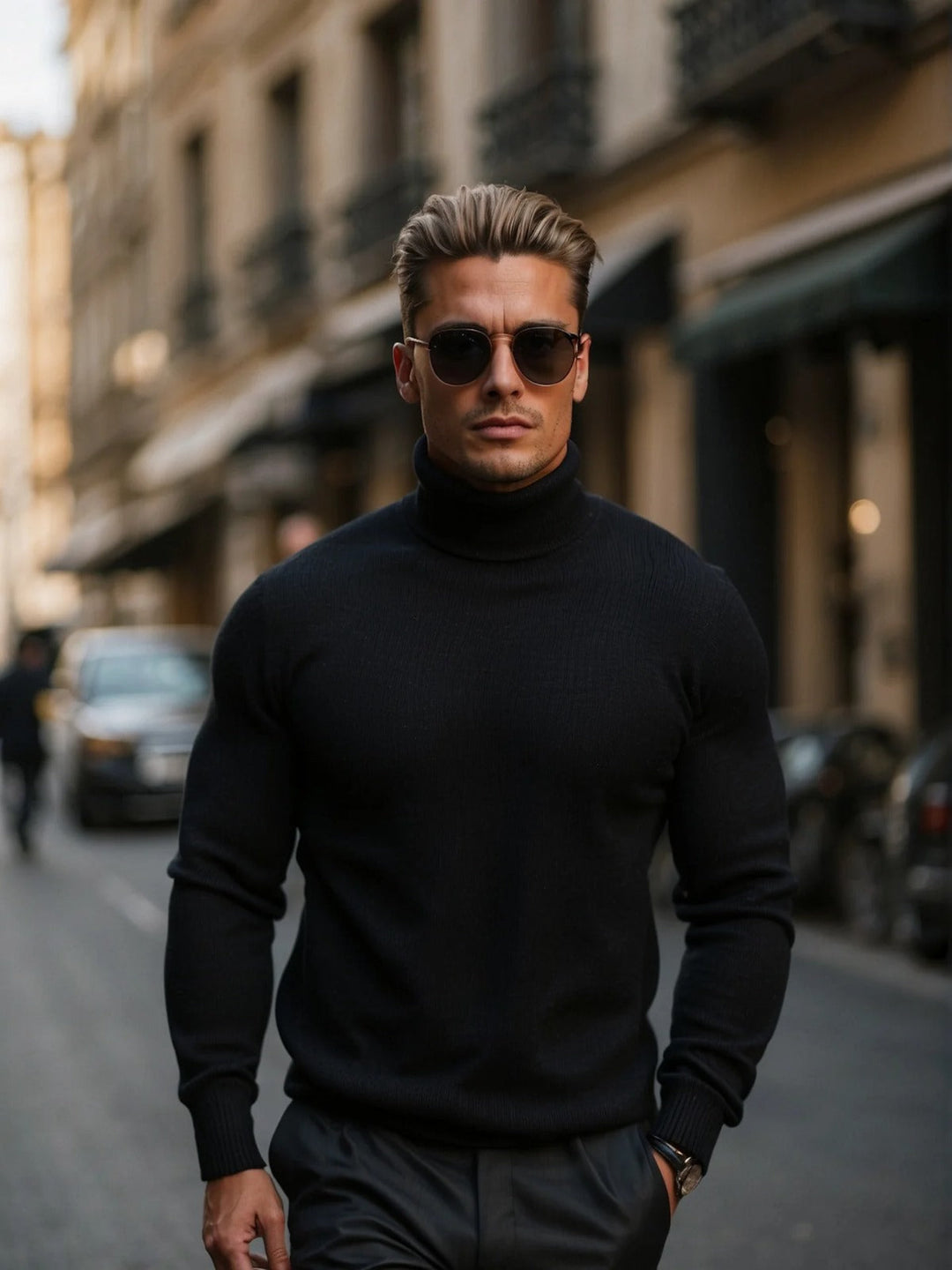 Mens high-neck knitwear pullover, perfect for refined layering and sophisticated casual fashion.